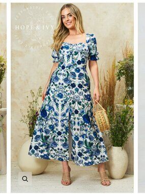 Hope & Ivy Blue Floral Midi Dress Size 10